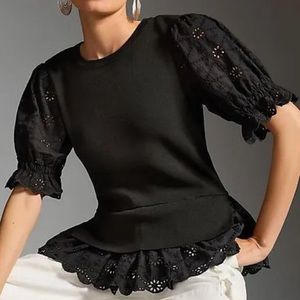 Anthropologie ENGLISH FACTORY EYELET PUFF-SLEEVE SWEATER TEE